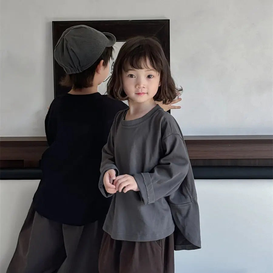 Girls Boys Casual Simple Long Sleeve Round Neck T-shirts