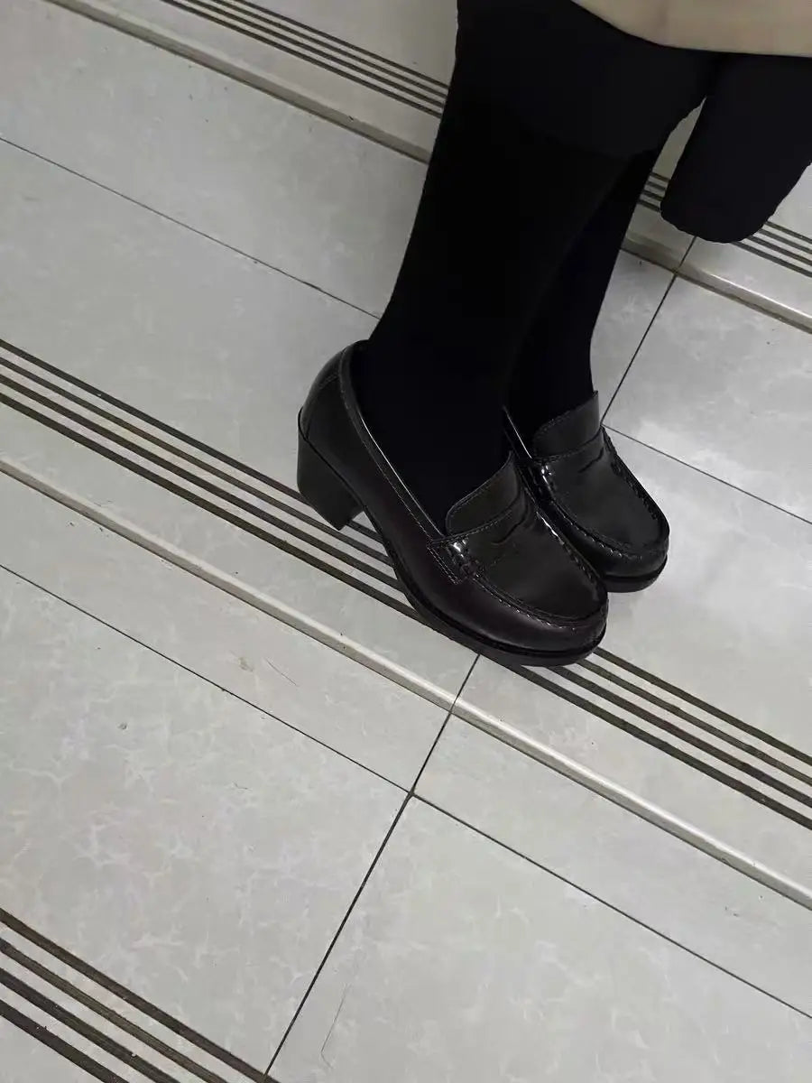 High Chunky Heel Women College Shoes Slip On Work Loafer jk style