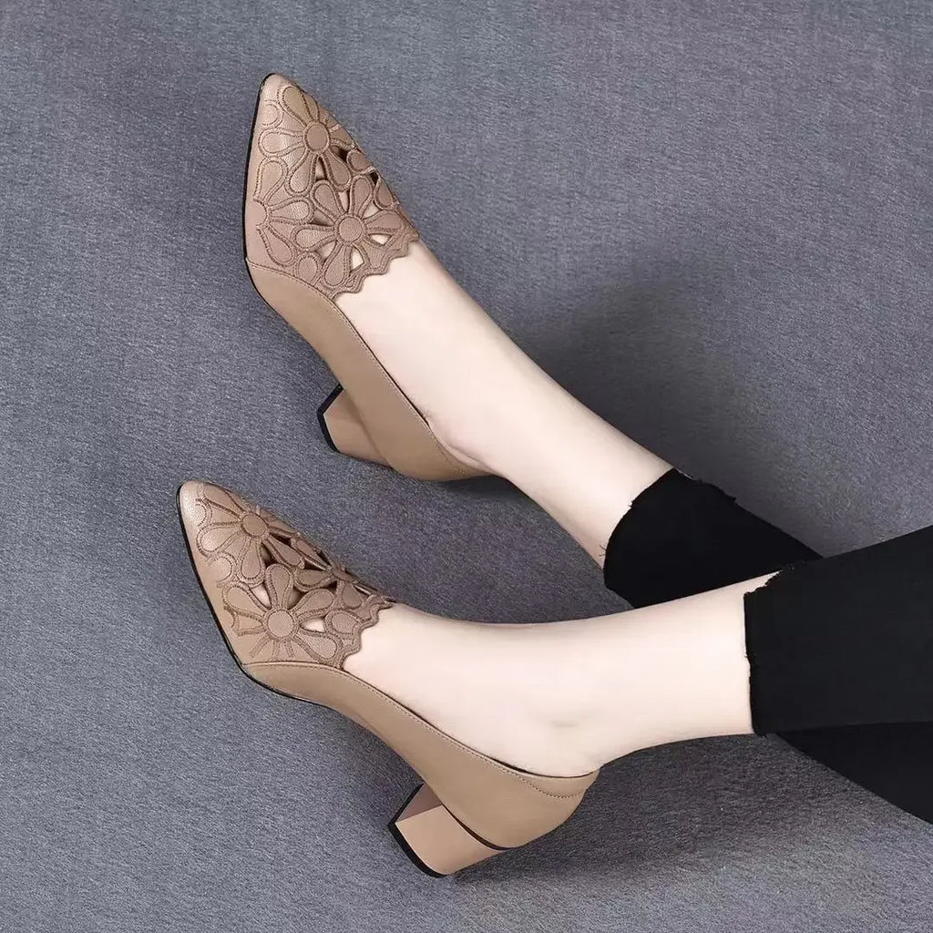 Mid Heel Leather Hollow Out Black Square Heel Shoes