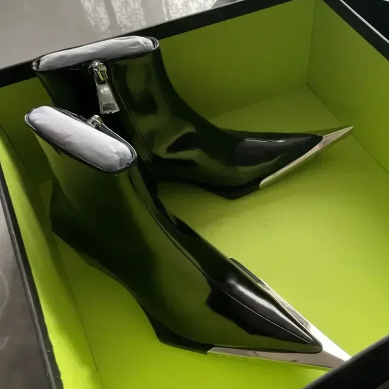 Metal Chunky Heel Pointed Toe Chelsea Boots