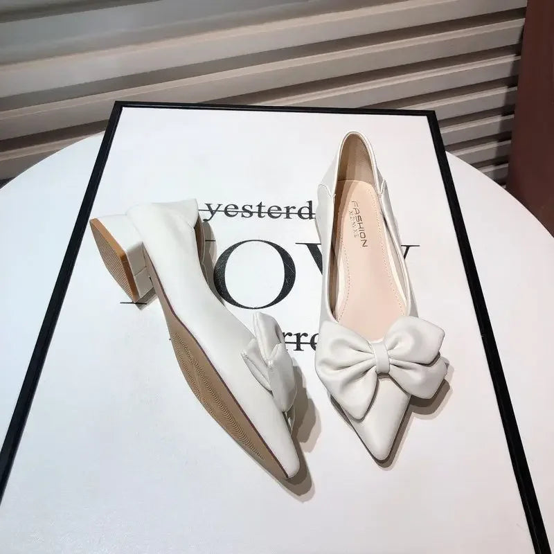 Low Heel Elegant Pointed Toe With Bow Slip-On