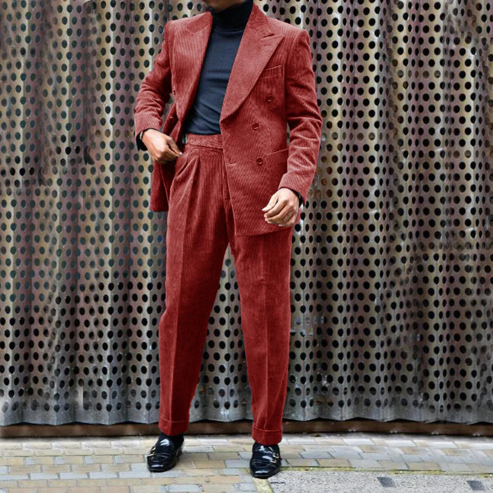 Men's Corduroy Suit Peak Lapel 2 Piece Jacket + Pants Double Breasted Best Party Casual Men's Wedding Outfit Full Suit