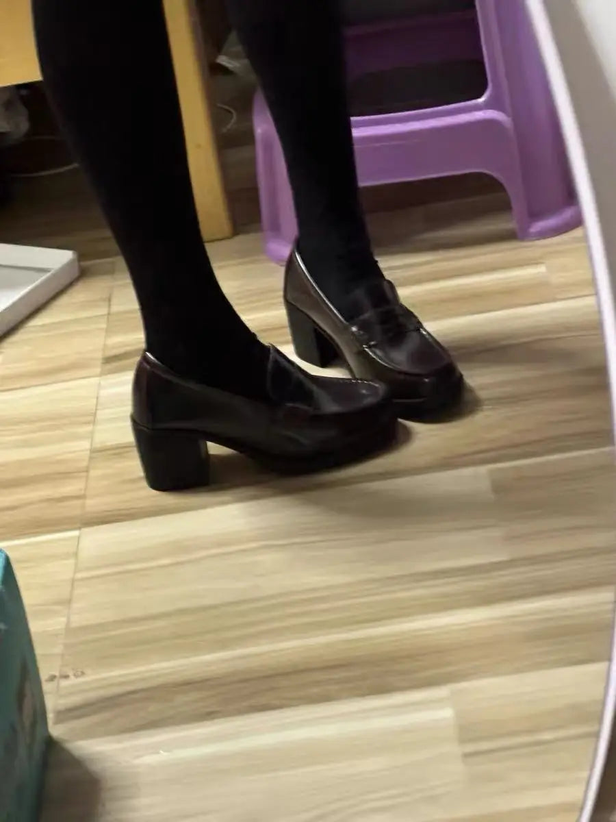 High Chunky Heel Women College Shoes Slip On Work Loafer jk style