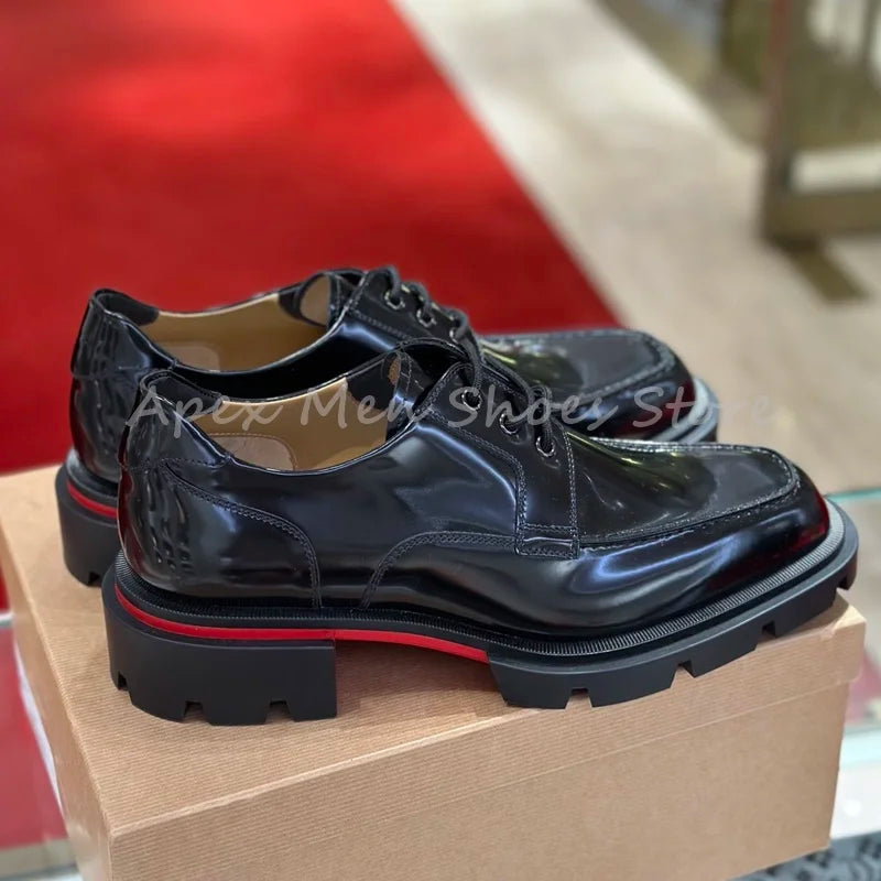 Black Glossy Chunky Sole Lace Up Cow Leather Oxford Shoes