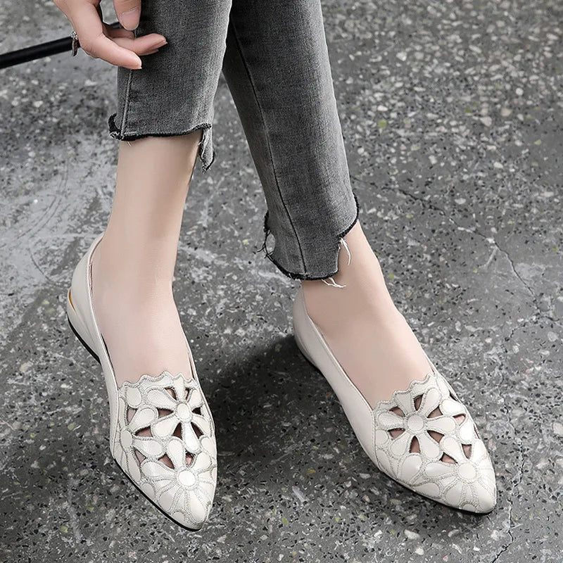 Mid Heel Leather Hollow Out Black Square Heel Shoes