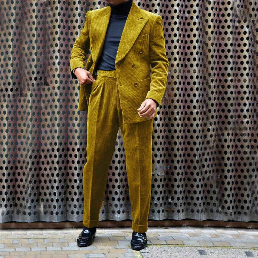 Men's Corduroy Suit Peak Lapel 2 Piece Jacket + Pants Double Breasted Best Party Casual Men's Wedding Outfit Full Suit