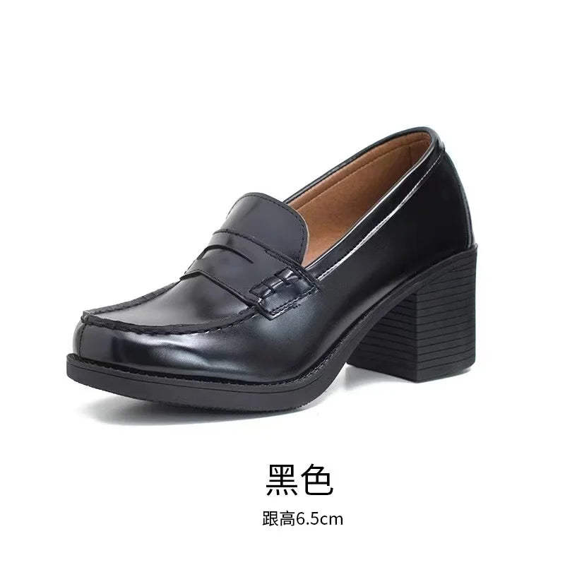 High Chunky Heel Women College Shoes Slip On Work Loafer jk style