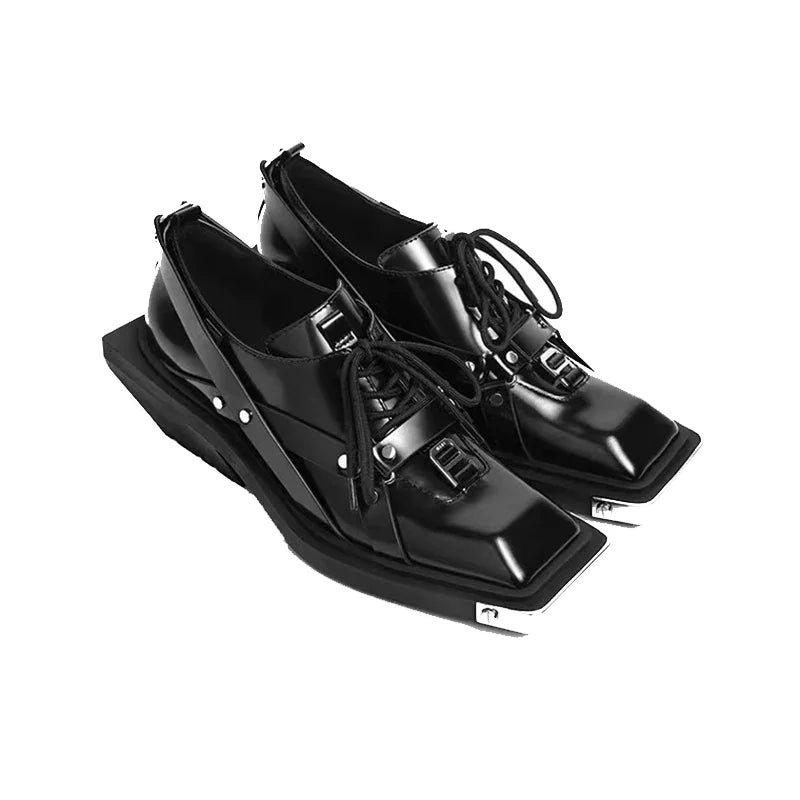Metal Head Decorate Leather Thick-soled Non-slip Square Head Wedge Shoes