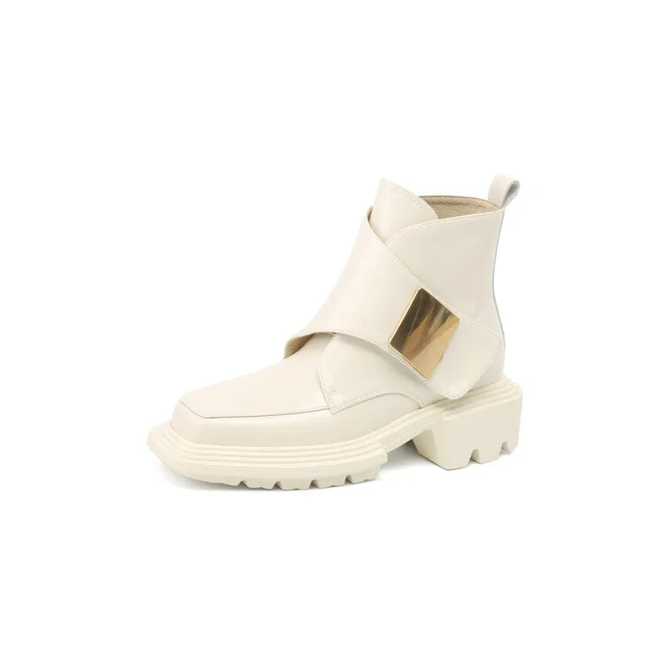 Split Leather Women Boots Square Toe Chunky Heel Platform Boots