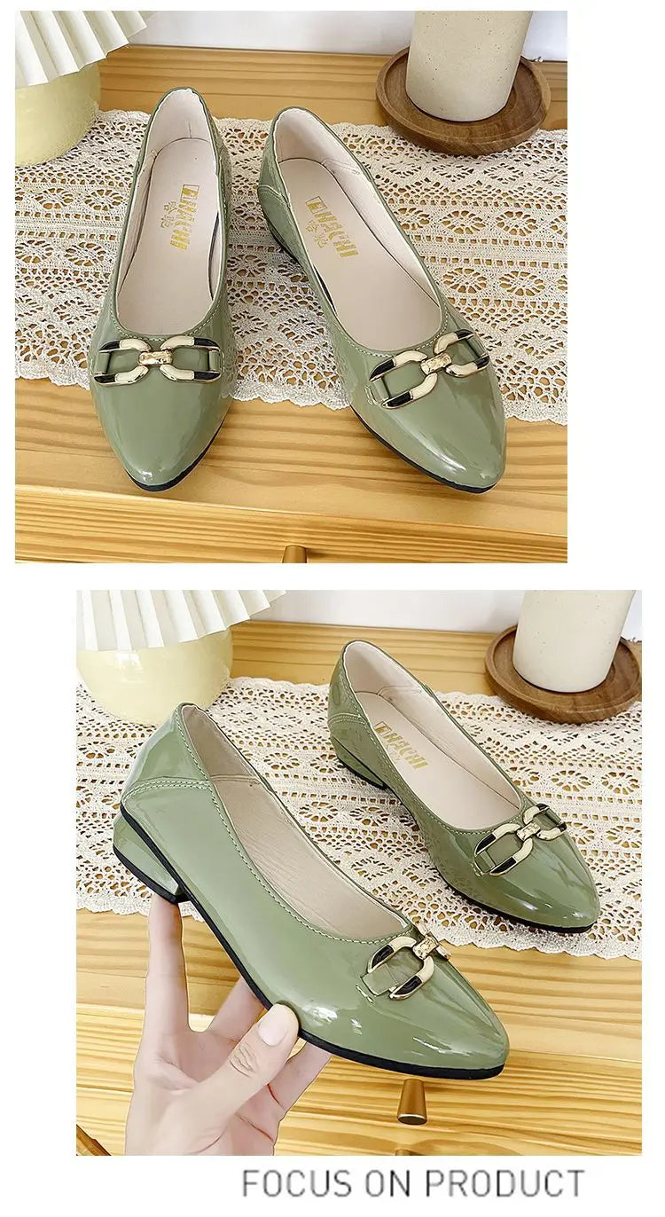 Pointed Toe Patent Leather Low Heel Single Slip on Classic Shoes