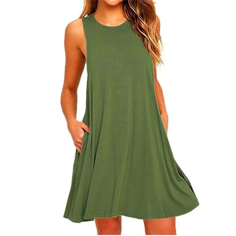 Casual Beach Cover up Plain Pleated Tank Pockets Dress