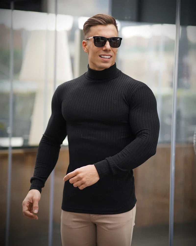 Plain  Slim Fit Turtleneck Knitted Long Sleeve Breathable Quick Dry T-shirts, Fitness Bodybuilding Muscle Sweater Pullover