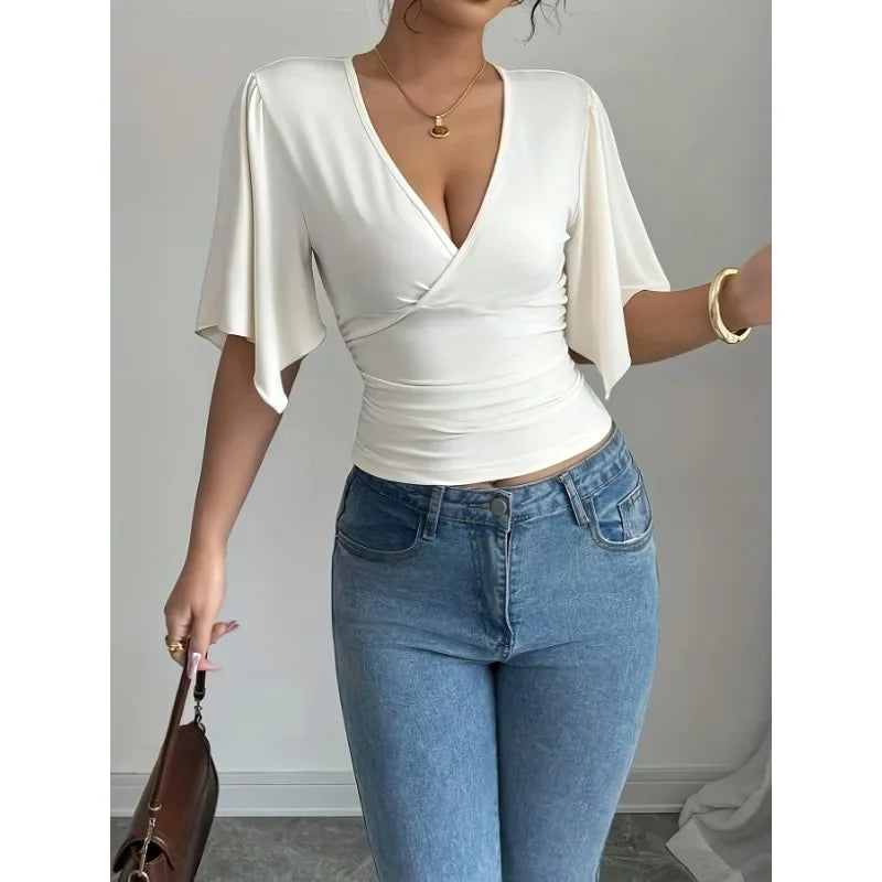 Solid Colour Casual Flared Sleeve Slim Deep V Neck Sexy T-Shirt Top