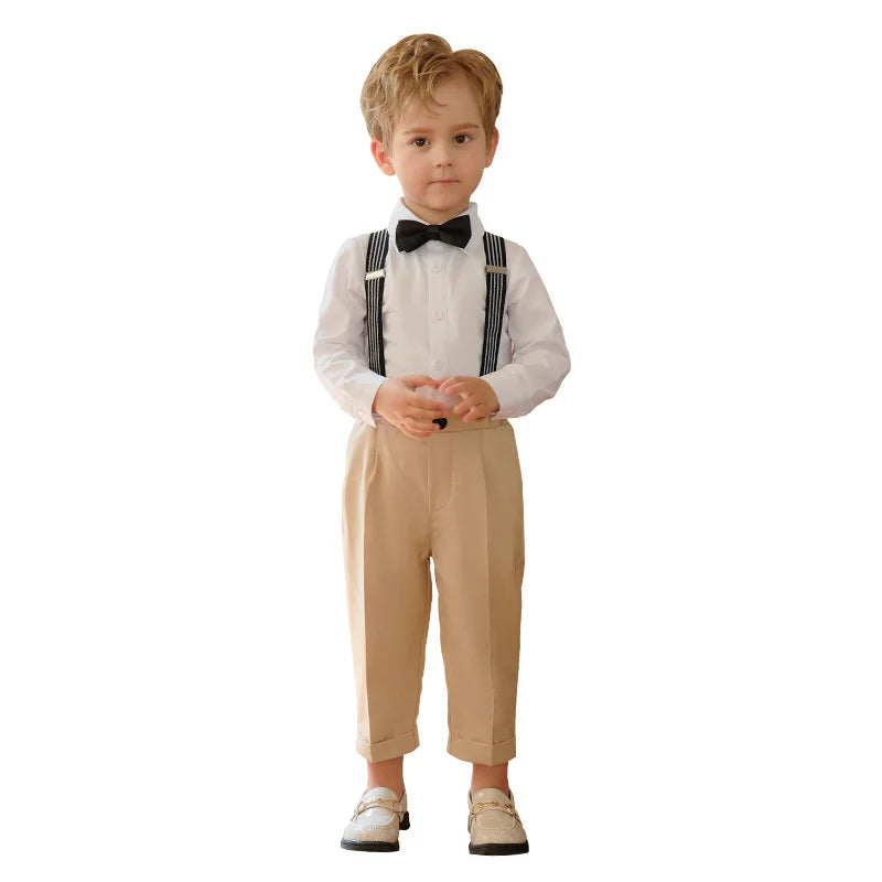 4 Pieces/set Boys Formal Elegant British Style Strap Shirts Outfits Set