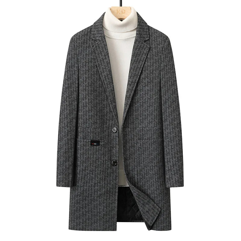 Mid-Length Fashionable, Stylish, Versatile and Casual Herringbone Cotton Coat