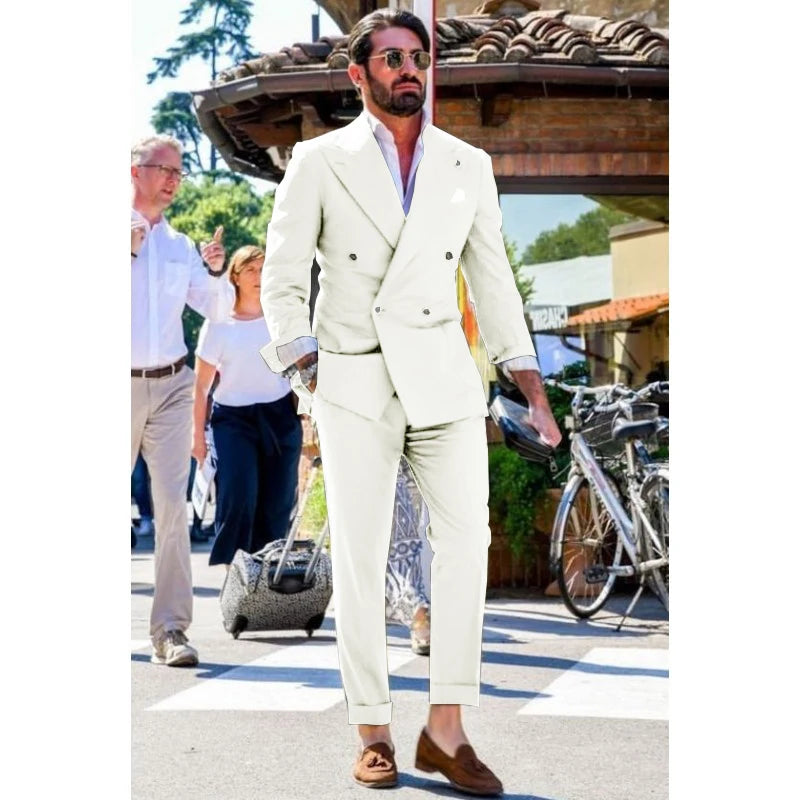 Two-piece Slim Fit Solid Color Double Breasted Spike Lapel