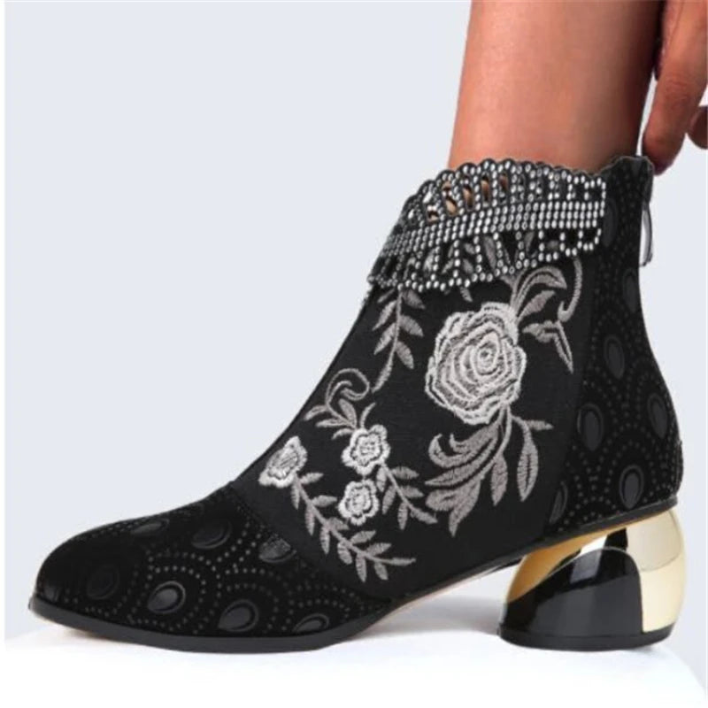 Handmade Embroidery Elegant High Heel Ankle Boots