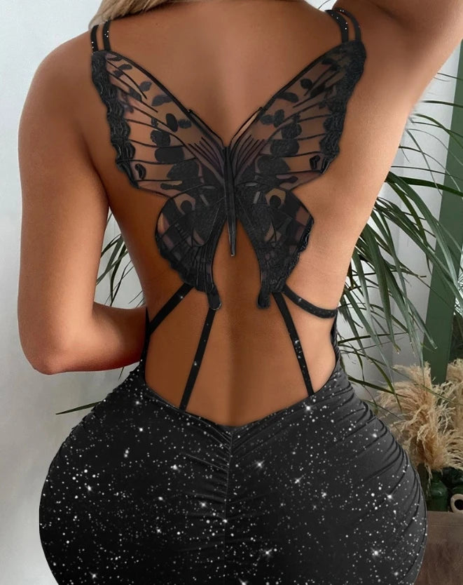 Spicy Glitter Butterfly Pattern Hollow Out Bodycon Dress