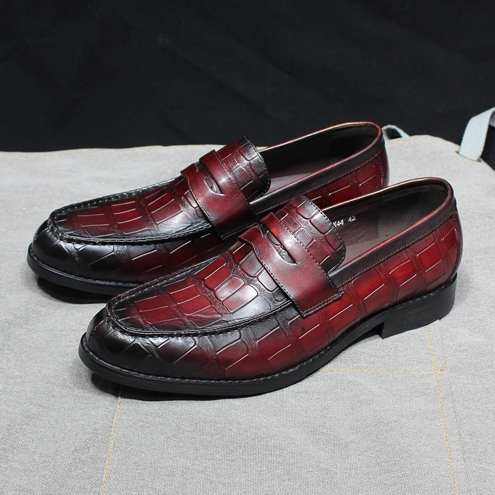 Handmade Crocodile Print Genuine Leather Slip-On Loafers