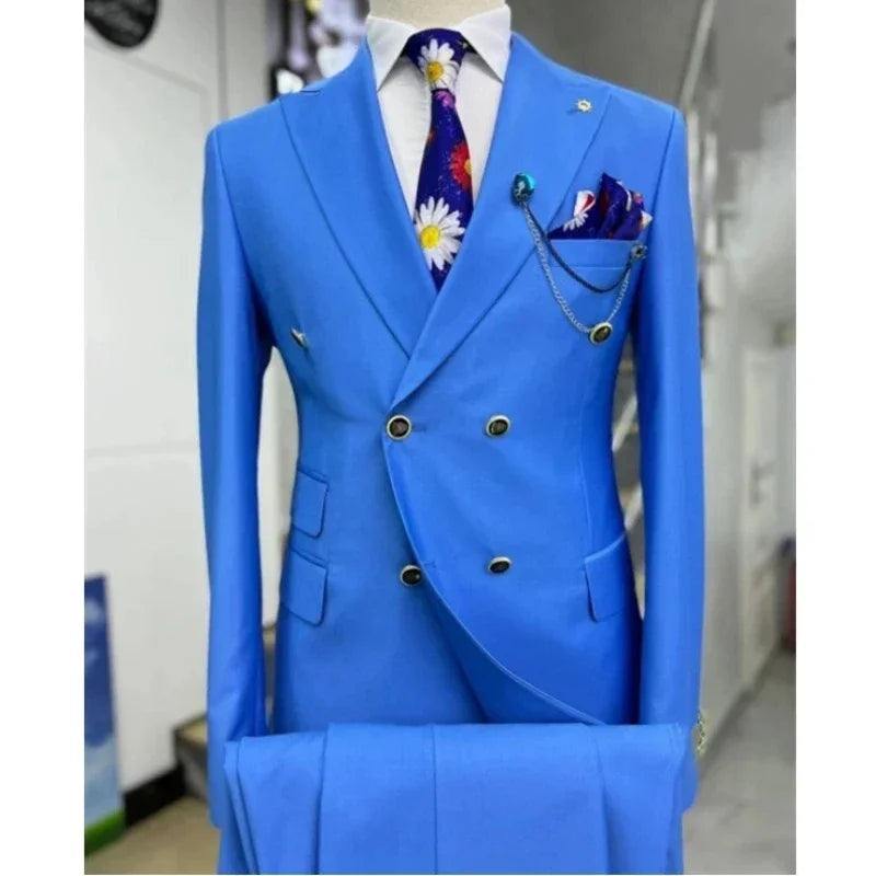 Suits for Men 2 Piece Solid Color Formal Business Casual Male Suit Fashion Peak Lapel Double Breasted Wedding Groom Tuxedo