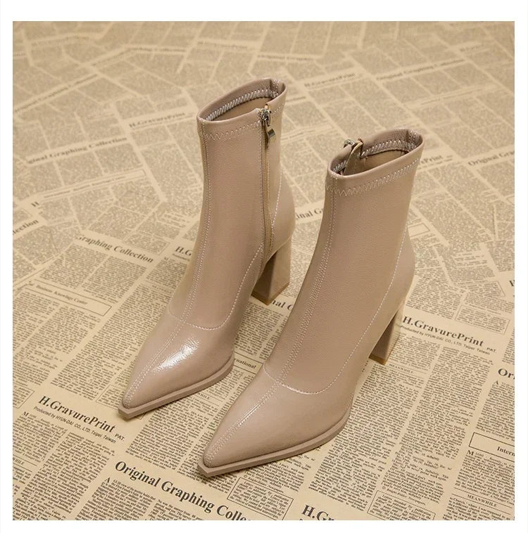 Pointed Toe Thick Heel French Ankle Boots