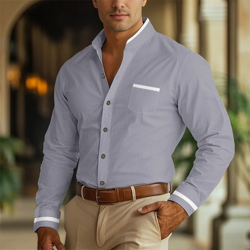Men's Stand Collar Shirts Formal Button Long Sleeve Shirts