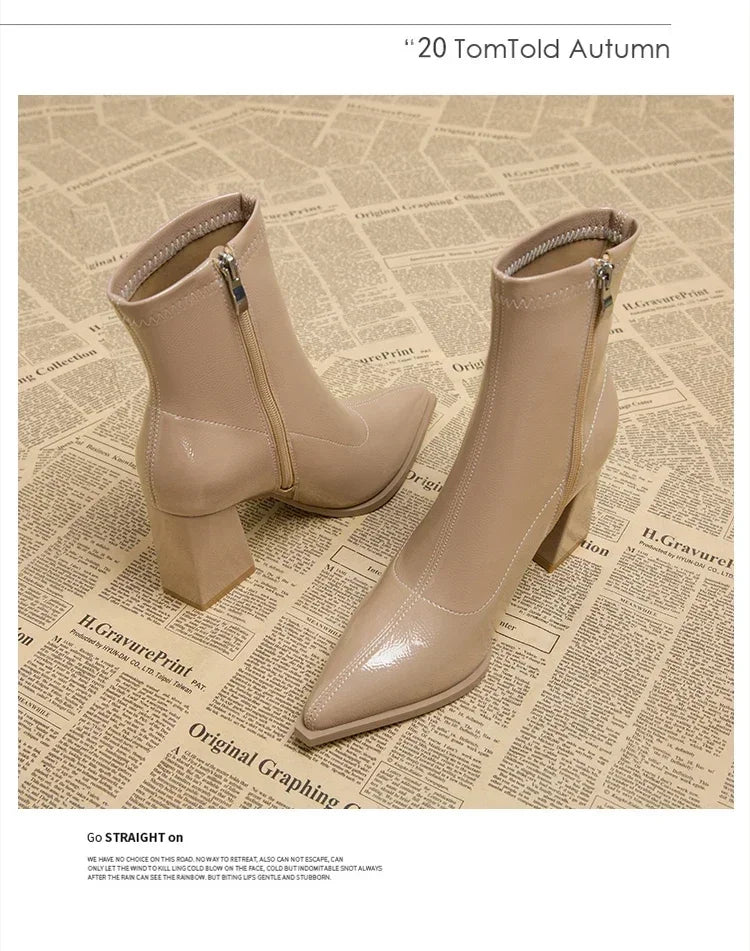 Pointed Toe Thick Heel French Ankle Boots