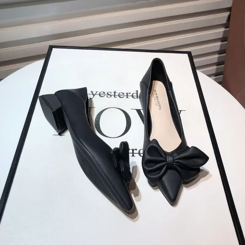 Low Heel Elegant Pointed Toe With Bow Slip-On