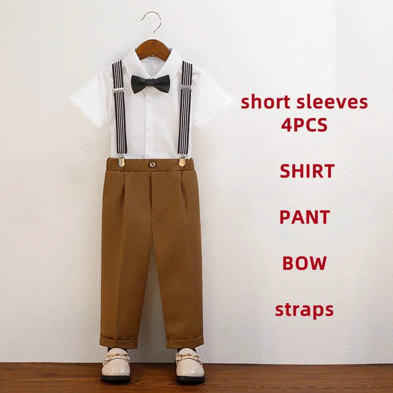 4 Pieces/set Boys Formal Elegant British Style Strap Shirts Outfits Set