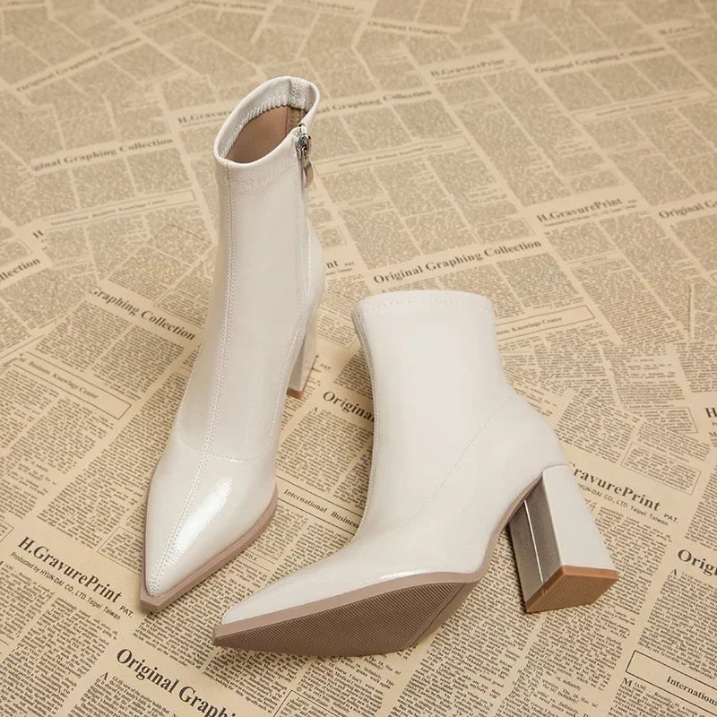 Pointed Toe Thick Heel French Ankle Boots