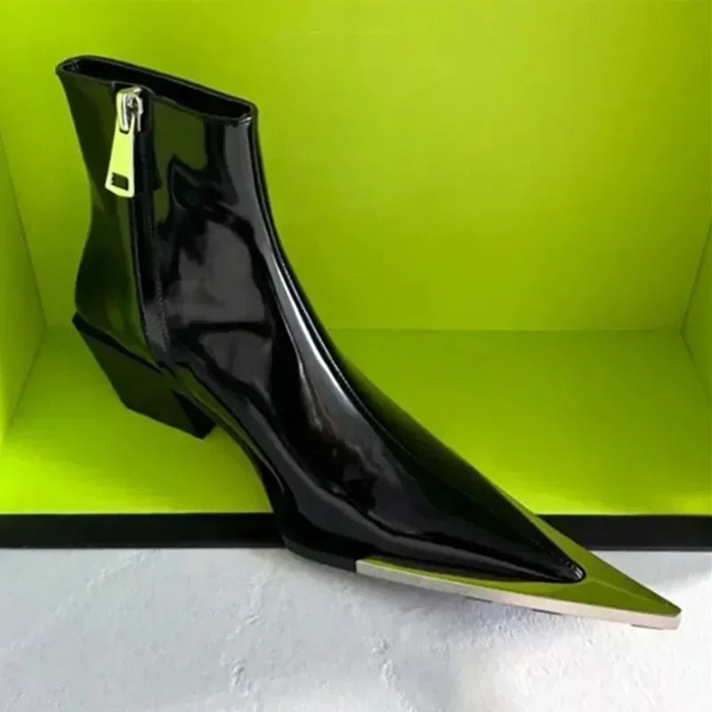 Metal Chunky Heel Pointed Toe Chelsea Boots