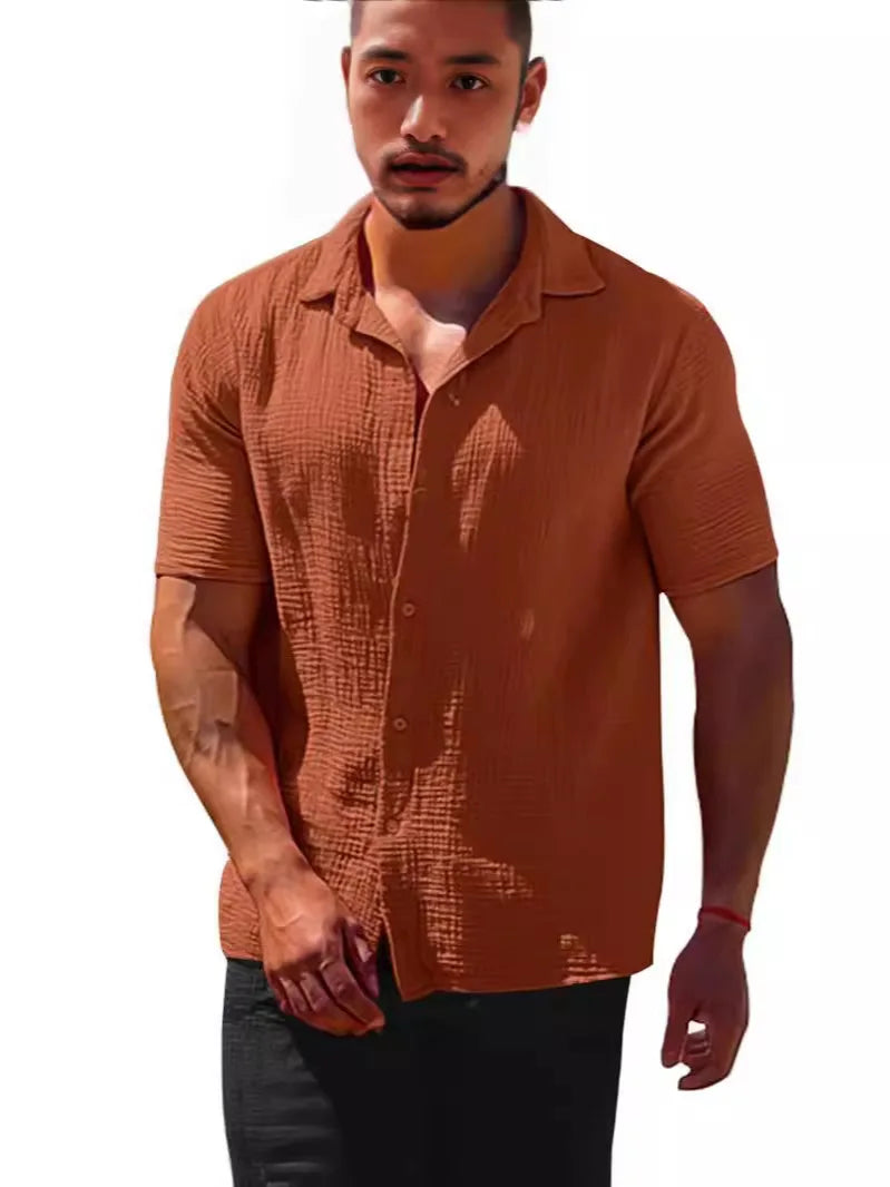 Lapel Solid Color Short Sleeve Button Loose Breathable Sweat Absorption Shirt