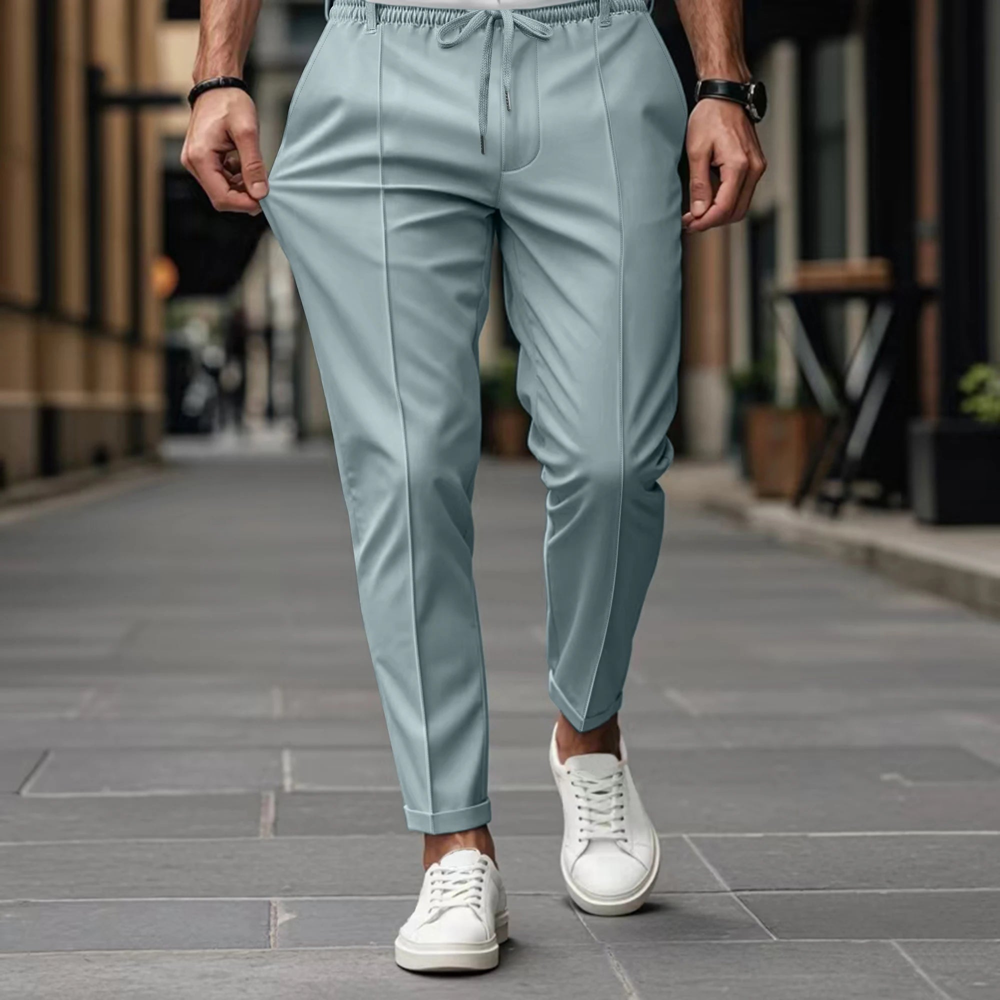 Solid-Color Straight-Leg Trousers