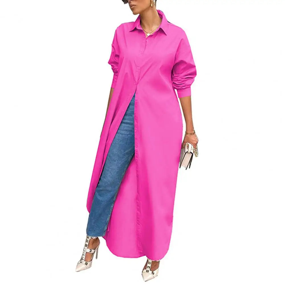 Women Windproof Dress Versatile Hem Solid Color Shirt Long Dress