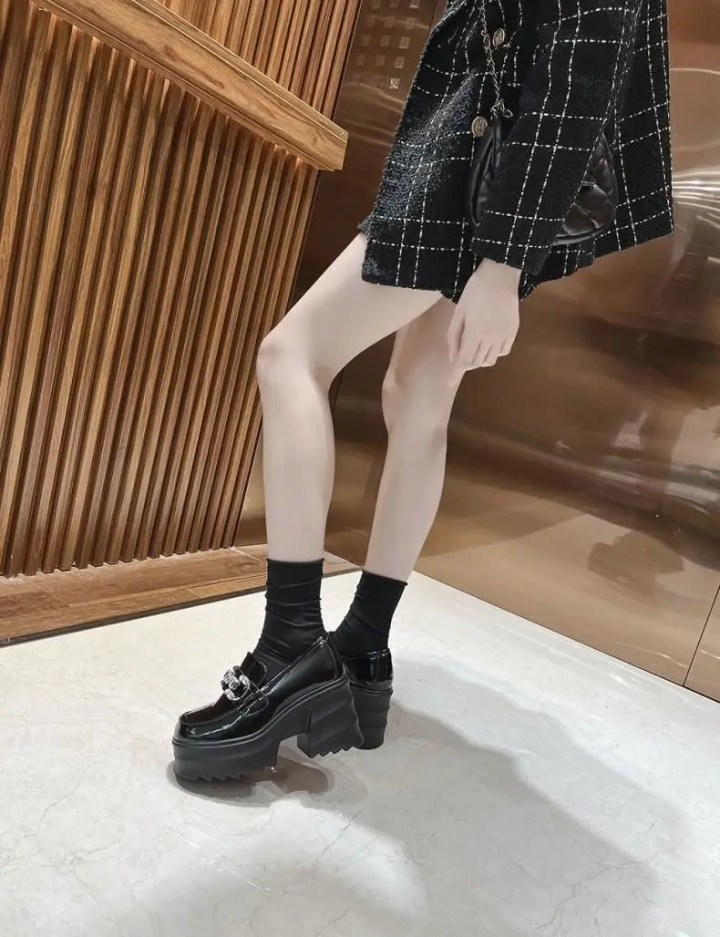 British Style Chunky Thick High Heel Satile Small Leather Shoes