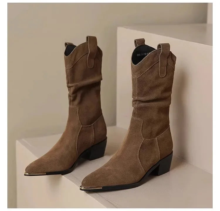 Classic Suede Pointy Toe Chelsea Wedge Heel Ankle Boots