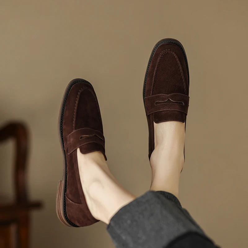 EAGSITY Cow Suede Leather Brown Loafer Shoes