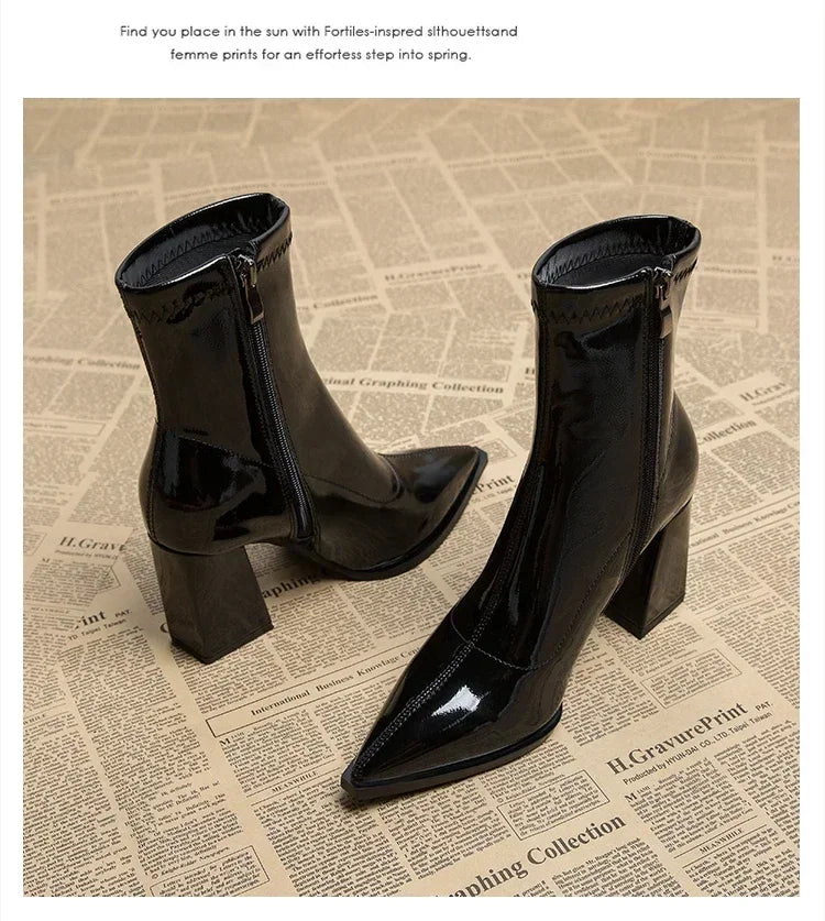 Pointed Toe Thick Heel French Ankle Boots