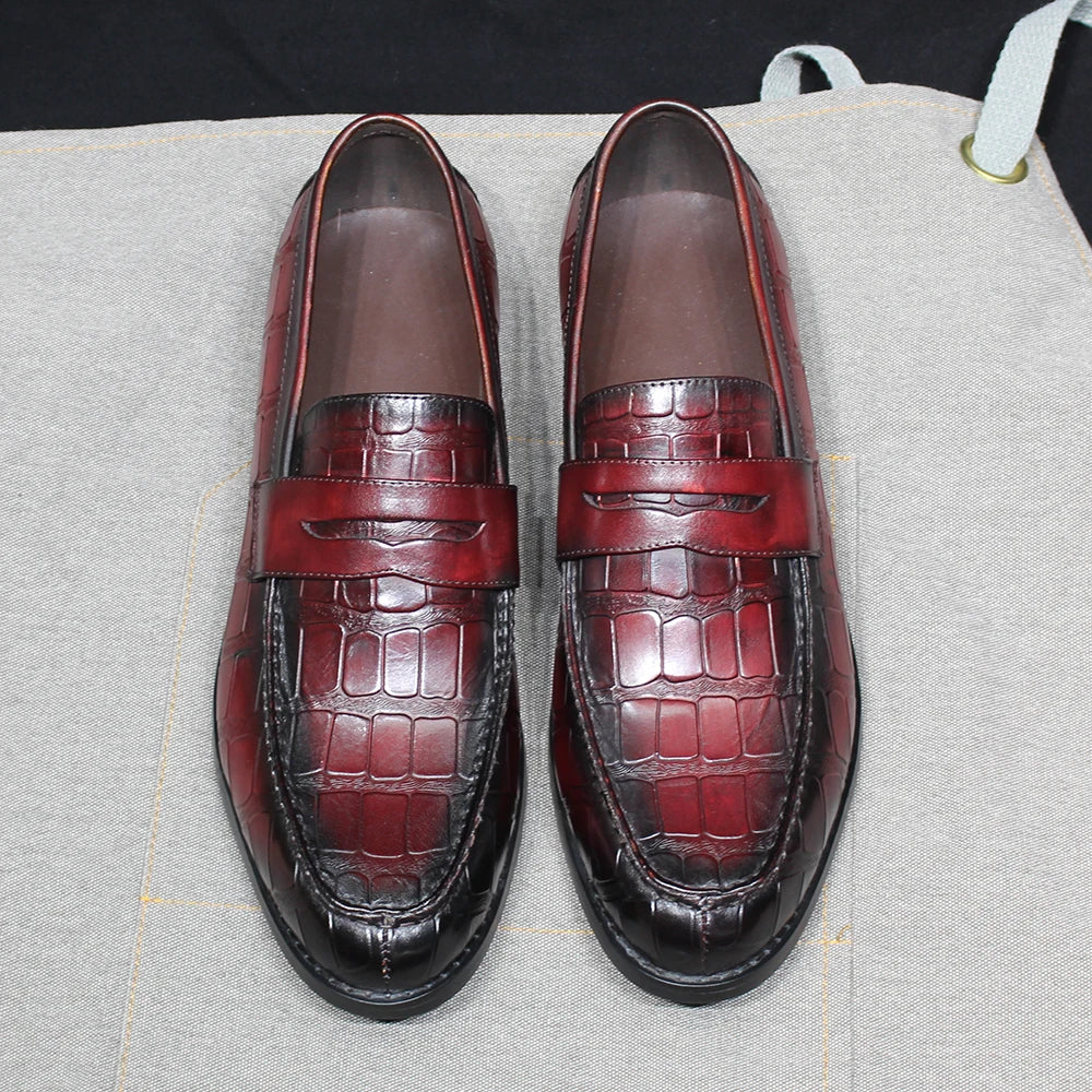 Handmade Crocodile Print Genuine Leather Slip-On Loafers