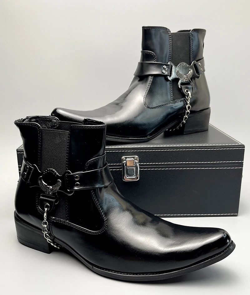 Pointed Toe Leather Chelsea Ankle Botas