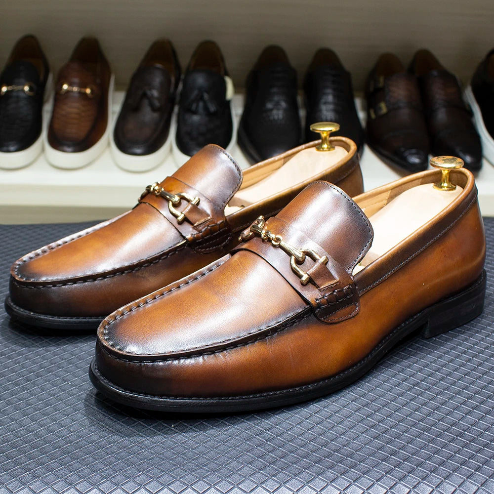 Handmade Genuine Leather Metal Chain Loafers