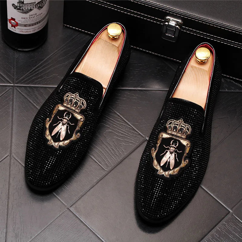 Pointed Rivet Embroidery Rhinestone Casual Loafers