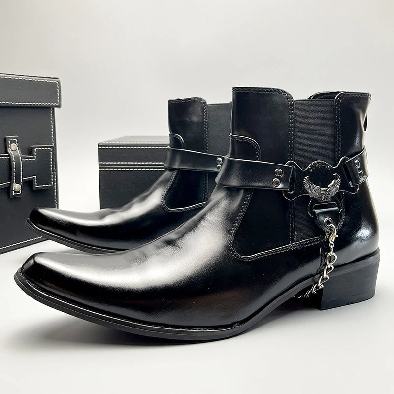 Pointed Toe Leather Chelsea Ankle Botas