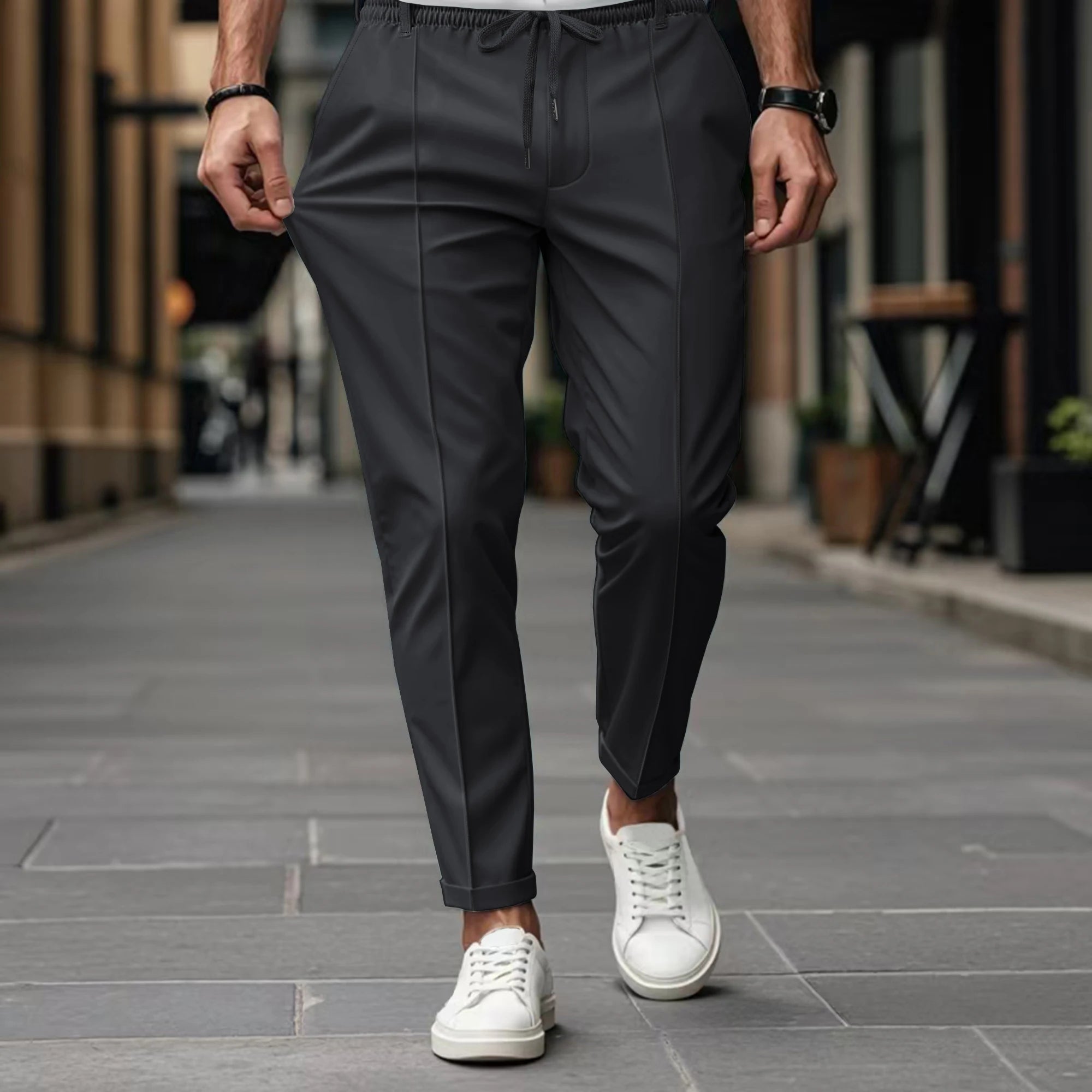Solid-Color Straight-Leg Trousers