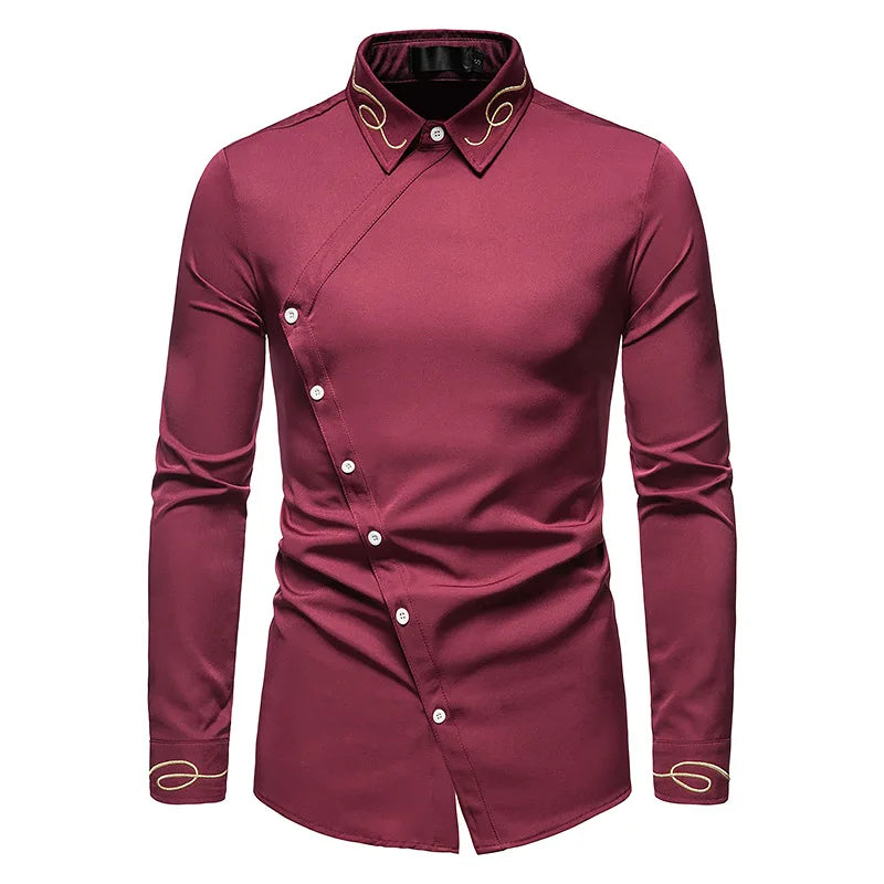 Men's Irregular Oblique Button Up Dress Elegant Embroidery Shirts