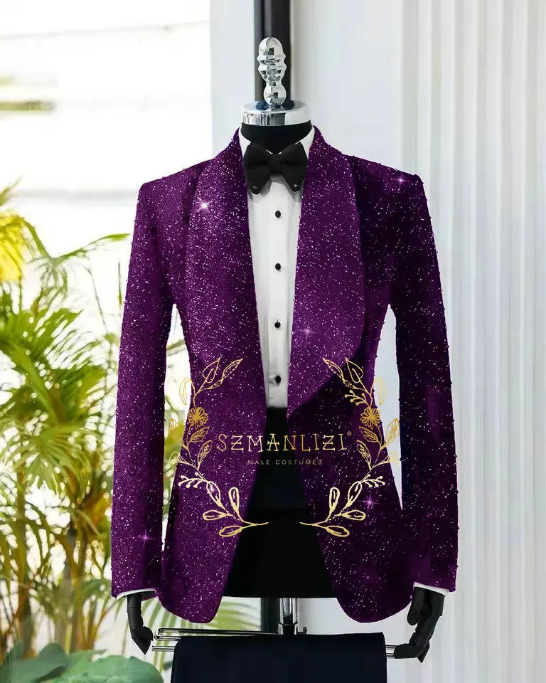 Men's Suit 2 Pieces Shiny Black Blazer Pants One Button Shawl Lapel Slim Fit Formal Groom Wear Wedding Party Costume Homme