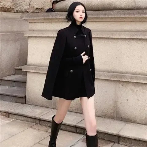 Black Cape Woolen Coat