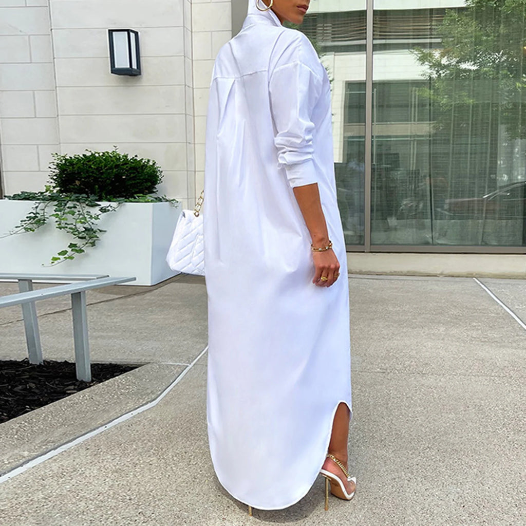 Women Windproof Dress Versatile Hem Solid Color Shirt Long Dress