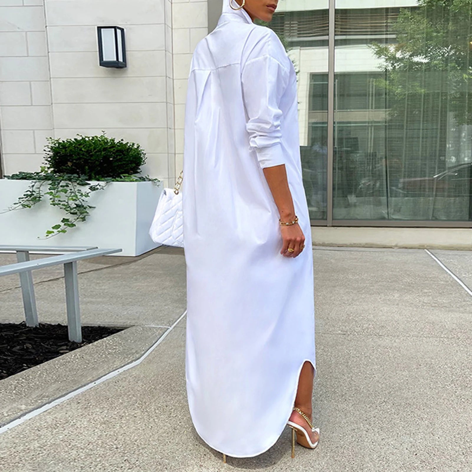 Women Windproof Dress Versatile Hem Solid Color Shirt Long Dress