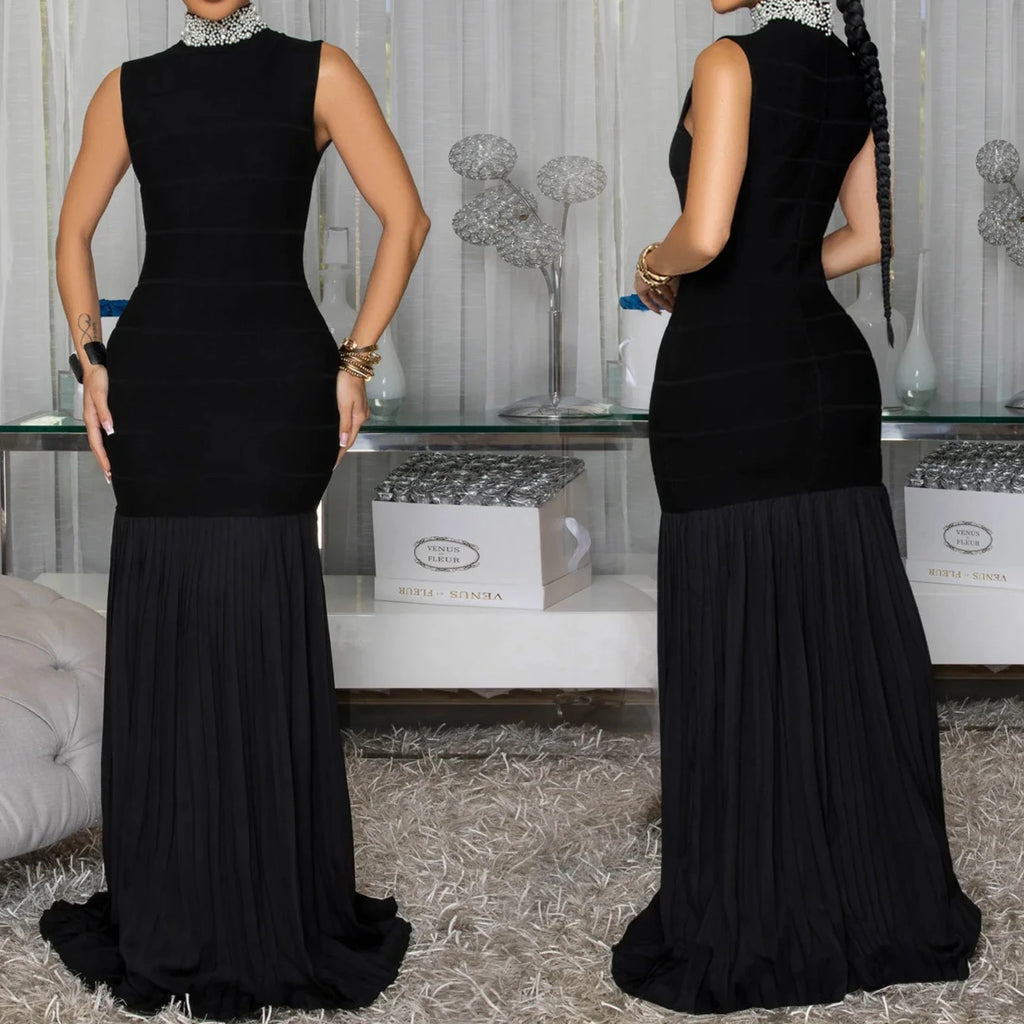 Elegant Party Patchwork Pleated Evening Dress